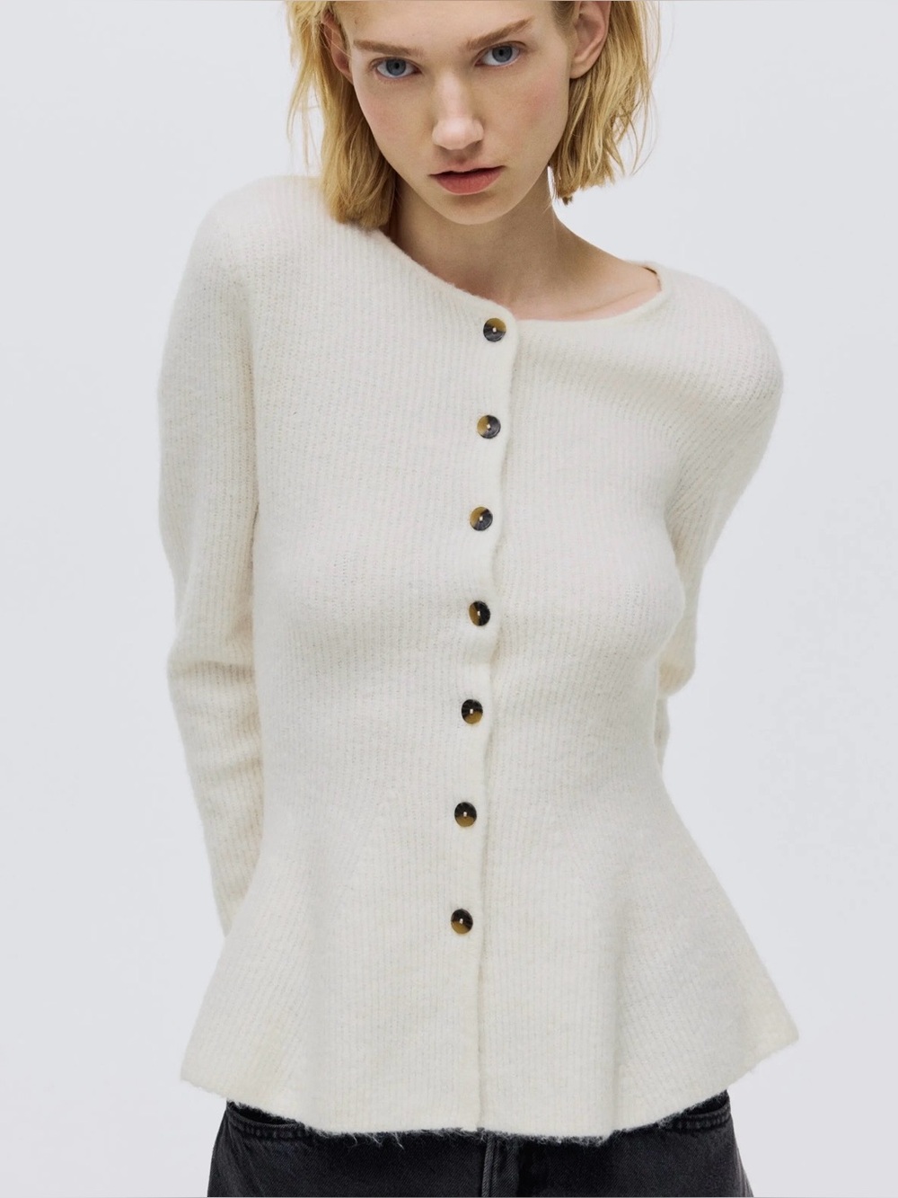 Cream Rib Knit Peplum Cardigan in XS Clean Girl Preppy Modern